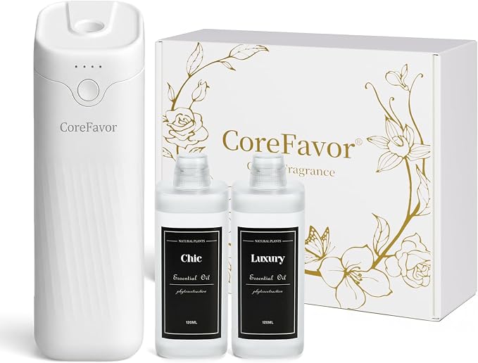 Ultrasonic Aroma Diffuser (M60) with 2x120ml Essential Oil, Portable Battery-Operated Cold Air Aroma Scent Machine, 4 Adjustable Intensity Levels, Quiet Diffuser for Home Bedroom Office Car