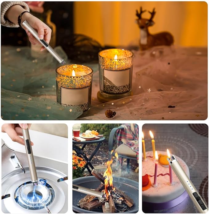 SUPRUS Electric Lighter Candle Type C Rechargeable Lighter with Upgraded LED Battery Display Safety Switch Flameless Plasma Windproof for Candle Cooking BBQs Fireworks Gift(Champagne Gold)