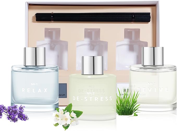 3 Pack Fragrance Diffuser, 50ML Lavender Geranium Jasmine White Tea Lemongrass Ginger Aromatherapy Diffuser Set with 12 Black Fiber Sticks,Air Freshener for Bedroom Bathroom Office