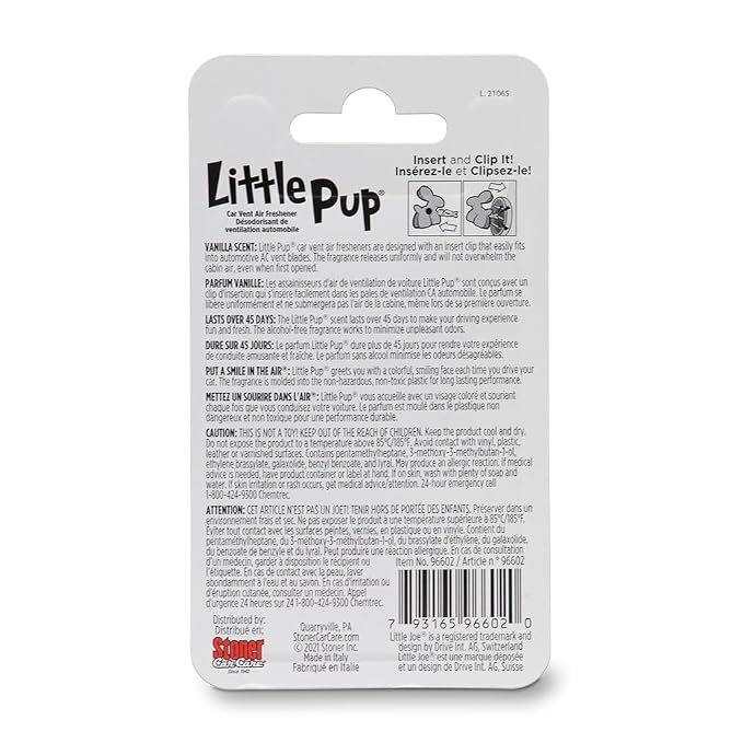 Little Pup 96602 Vanilla Scent, Car Air Freshener, Clips to A/C Air Vent, Alcohol-Free Fragrance Oil, Non-Hazardous and Non-Toxic Plastic, Set of 1 (Pack of 2)