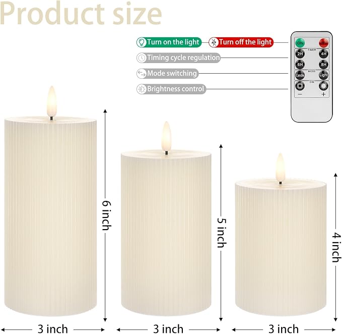 ANGELLOONG Ribbed Flameless Pillar Candles with Remote, Set of 3 Ivory Real Wax LED Candles Battery Operated with 2/4/6/8H Timer for Home Decor, Bathroom, Living Room