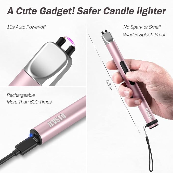 Candle Lighter, Electric Rechargeable USB Arc Windproof Flameless Plasma Lighter Long Stick with Rope and Ring, No Butane Fluid, Perfect for Candle BBQ Camping Kitchen Stove, Pink