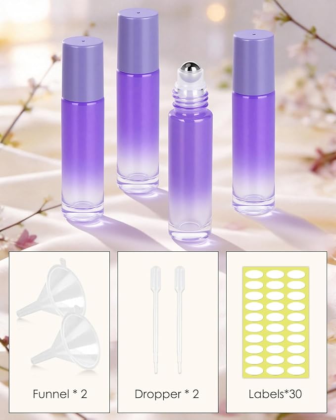 Worldgsb 25 Pack Essential Oil Roller Bottles, 10ml Refillable Glass Roller Bottles with Stainless Steel Roller Balls and Caps for Travel, Perfume and Lip Gloss Purple Gradient