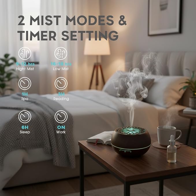 550ml Large Capacity Essential Oil Diffuser with 6 Aromatherapy Oils Set,Ultrasonic Air Humidifier with Timer and 7 Color LED Night Light Waterless Auto-Off Dark Wood Grain