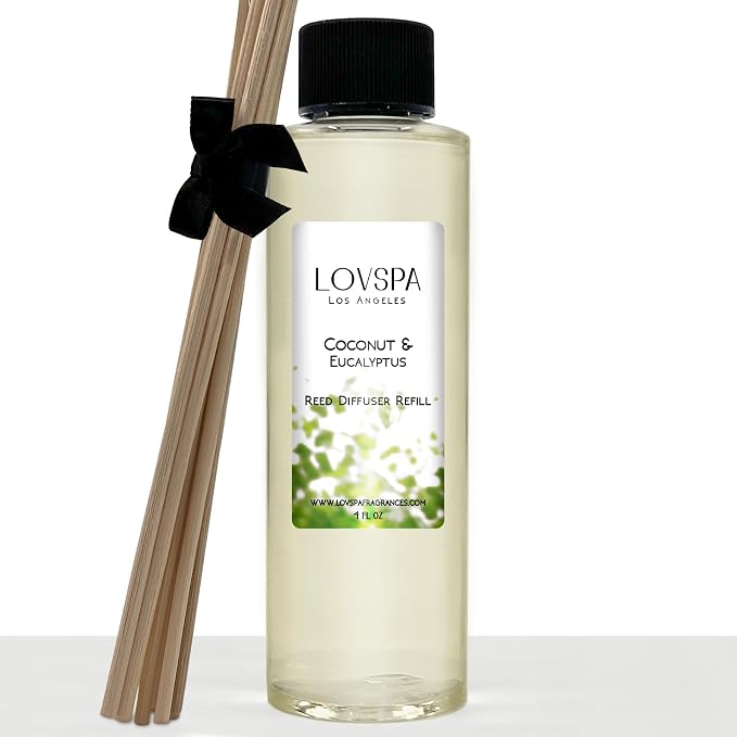 Coconut & Eucalyptus Diffuser Oil Refill, 4 oz, Fragrance, Spa Aroma | Coconut, eucalyptus, and mint profile, includes replacement reeds, guest bathroom, powder room, home scent, entryway