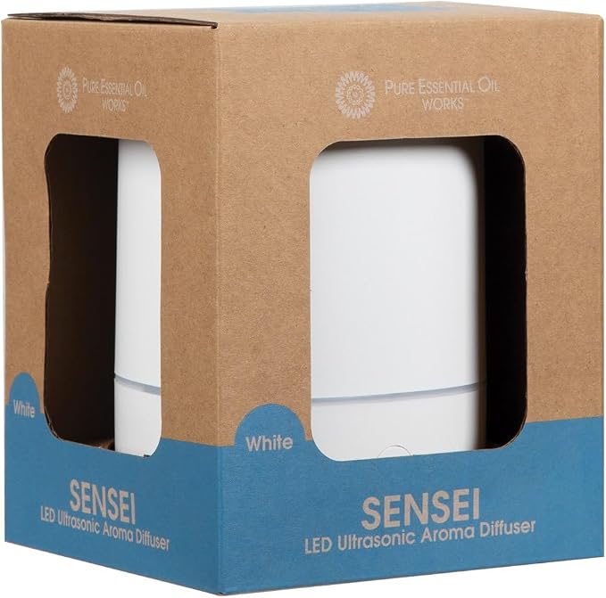 Pure Essential Oil Works Sensei LED Ultrasonic Aroma Diffuser, 150ml Essential Oil Diffuser with Cool Mist, 7 Color Changing Lights, Auto Shut-Off, White
