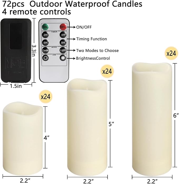 YOROXRG Set of 72 Waterproof Outdoor Flameless Candles, LED Candles with 4 Remote and Timer,(H 4" 5" 6" x D 2.2"),for Halloween Wedding Festiv