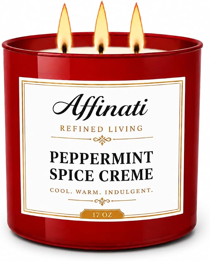 Affinati Peppermint Spice Creme 3 Wick Scented Candle – Large Soy Blend Candle, Strong Scent Throw Sweet Winter Mint Bakery Holiday Candle, Premium Clean Burning Gift