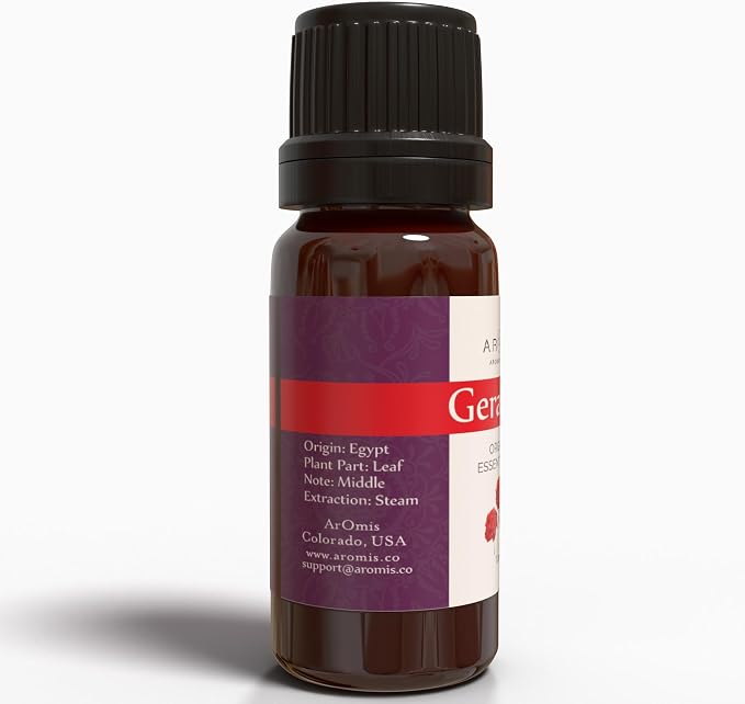 ArOmis Geranium Essential Oil - Organic - 100% Pure Therapeutic Grade - 10ml (.34 Fl Oz), Undiluted, Premium 150 Micron Filtered for Nebulizer Use