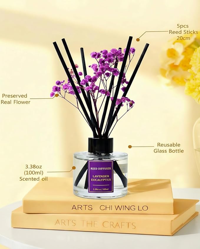 Reed Diffuser Set-Lavender &Eucalyptus Scent Fragrance Oil Diffuser with 6 Reed Sticks | Home & Bedroom Bathroom Decor,3.38 fl oz (100ml)