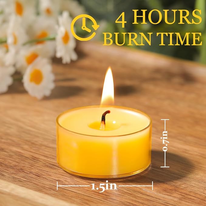 48 Packs Beeswax Tealight Candles- 4 Hour Burn Time Beeswax Candles- Burn Evenly and Clean- Beeswax Candle Bulk Smokeless Bees Wax Tea Lights for Relaxing Air Purification