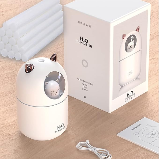 Cute Portable Cool Mist Humidifier with 7 Color Night Light and 6 Filter Cotton Sticks for Bedroom, Office, Desk, Car or Travel (White)