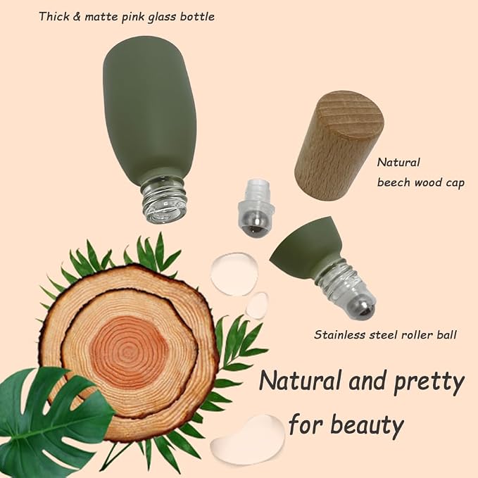 6Pcs 12ml/0.4 oz Glass Roll On Bottle with Bamboo Lid for Essential Oils,Refillable Roller Bottles for Perfume Sample with Stainless Steel Roller Ball,Travel Containers(Green)