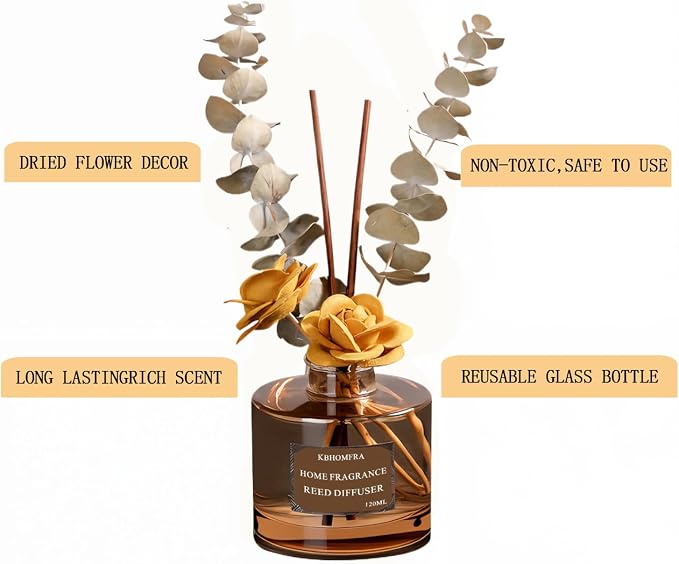 Reed Diffuser with Dried Flowers, Jasmine Cedar Sandalwood Scent, 4.06 fl oz, Glass, 120ml, Long Lasting Home Fragrance (Pure White Gardenia)