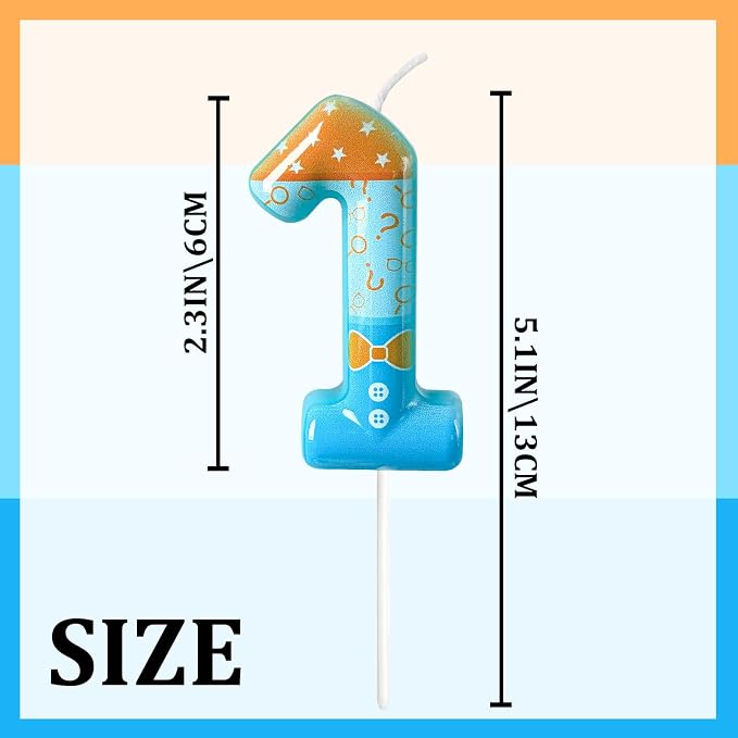 Number 1 Birthday Candle for Cake – Blue Cartoon Outfit Style with Bow Tie, Question Mark & Star Pattern – Fun Cake Topper Decoration for Celebration