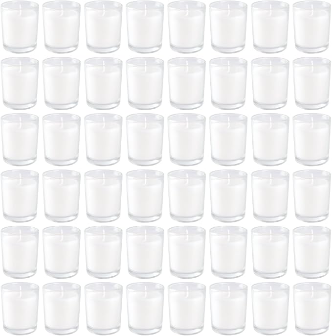 YOROXRG 48 Pack White Unscented Clear Glass Filled Votive Candles. Hand Poured Wax Candle Ideal Gifts for Home Décor Parties Weddings Holidays and Meditation (White)