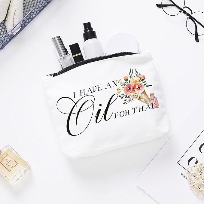 Essential Oil Bag - Essential Oil Storage - Travel Makeup Bag - Aromatherapy Travel Case - White - Letter Print - Soft & Durable Canvas - Unisex Adult - 9.5 x 7 Inches