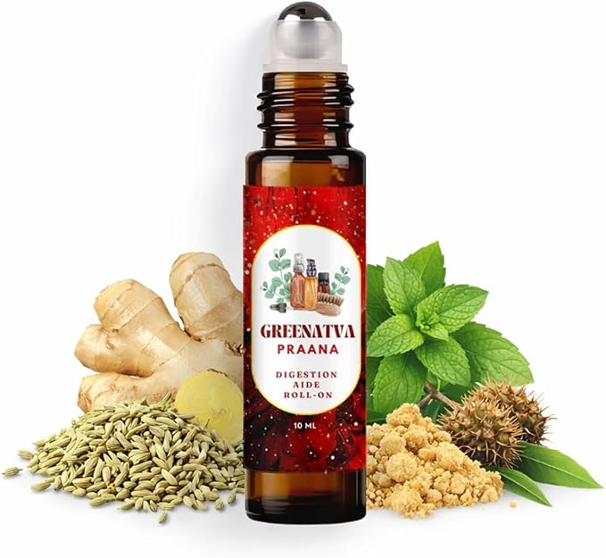Praana Digestive Support Essential Oil Roll On for Gut Health, Bloating, Gas, Tummy Ache & Constipation Relief - Asafoetida, Fennel, Ginger, Castor Oil, Peppermint -10ml/0.33 fl oz