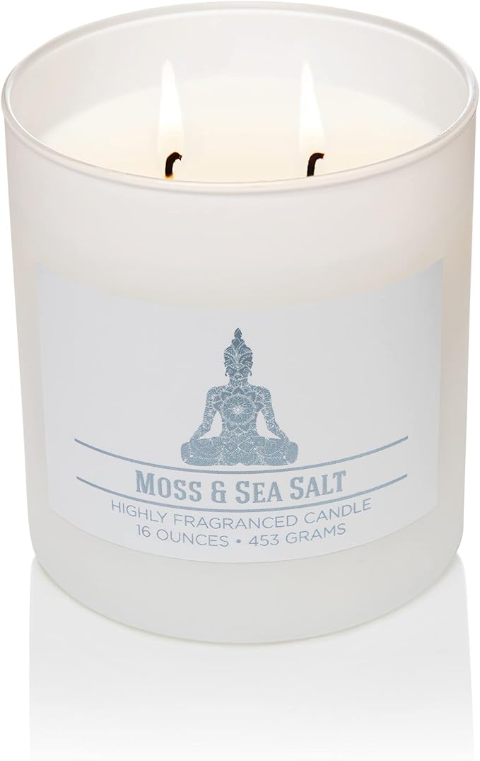 Carolina Moss & Sea Salt Scented Candle, 16 oz Wellness Relaxing Aromatherapy Candle, 2 Wick White Jar Soy Blend Wax, Candles for Home, 60H Burn - Made in The USA