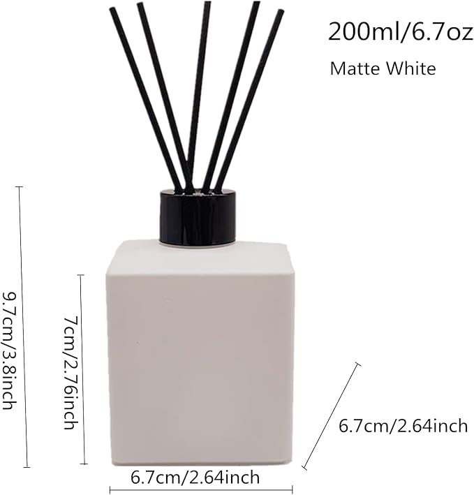 2PCS 200ml Reed Glass Diffuser Set，Essential Oil Container,6.7oz Refillable Empty Glass Bottles with Sticks,Diffuser Jars for Home Oil Fragrance Matte White (200ml Square)