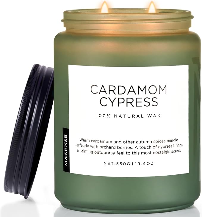 M&SENSE Cardamom Cypress Fir Large Soy Candles for Home Scented 2 Wick Large Soy Natural Candles 19.4oz 110 Hours Long Lasting Slow Burning Woody Scented Winter Holiday Birthday Gifts