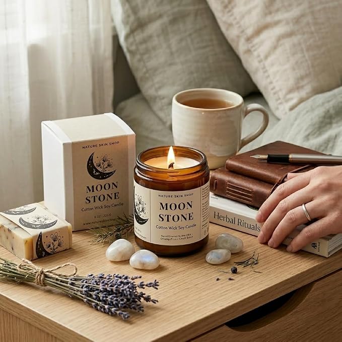 Nature Skin Shop Moonstone Artisan Soy Candle Night Blooming Jasmine and Sandalwood Aromatherapy Home Fragrance Vegan Cotton Wick 8 oz