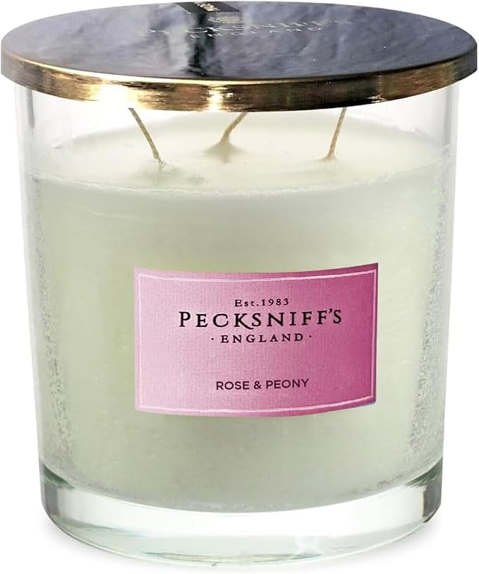 Pecksniffs White Scented Candle | Rose & Peony Fragrance Candles for Home Scented | Elegant Glass Vessel with Metal Lid | 3 Wicks Luxury Candles, 550g/19.4oz