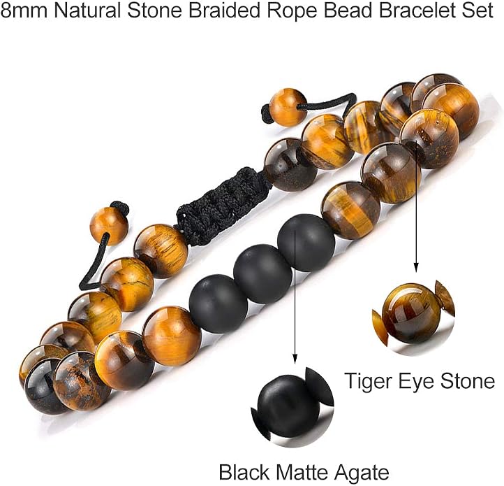 M MOOHAM Mens Bracelet - Beaded Natural Stone 8mm Tiger Eye Matte Agate Lava Rock Bracelets for Men Teen Boys Grandpa Dad Birthday Gifts Jewelry