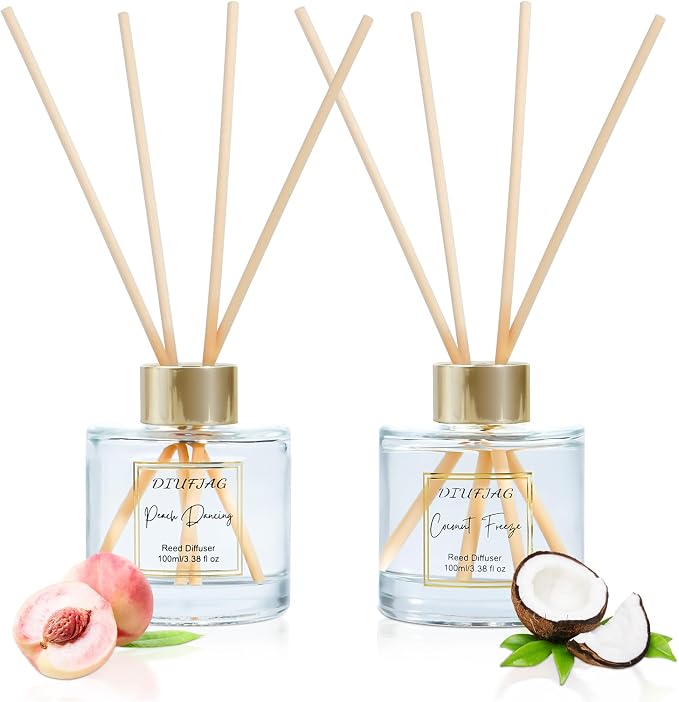 200ml Scent Diffuser with 6 Fiber Sticks, 6.76 oz Reed Diffuser Set Aromatherapy Fragrance Diffusers Air Fresheners for Home Bedroom Bathroom (Coconut Peach)