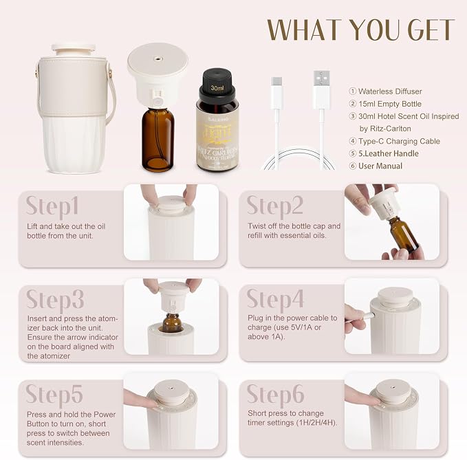 SALKING Waterless Diffuser Starter Kit with 30mL Hotel Fragrance Oil, Scent Diffuser Battery Operated Nebulizer with Timer & Adjustable Mist Mode, Car Diffsuer, Mini Scent Air Machine for Home, Office