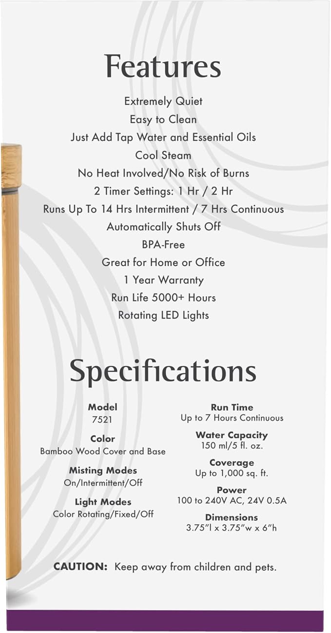 NOW Essential Oils, Ultrasonic Real Bamboo Aromatherapy Oil Diffuser, Extremely Quiet, Heat Free and Easy to Clean, Color Changing LED Diffuser
