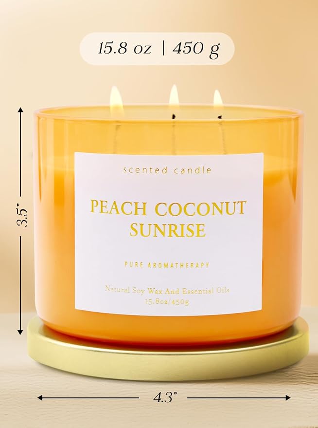 Peach Coconut Sunrise 3-Wick Soy Candle | 15.8 oz Large Aromatherapy Candle for Home | Clean Burn Long Lasting | Tropical Fruit Scent | Gift Ready
