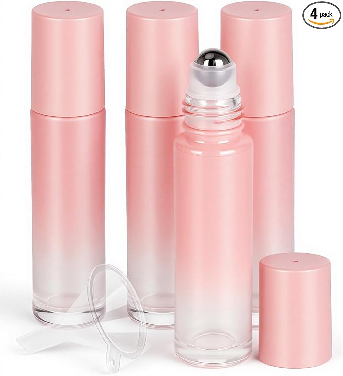 Worldgsb 4 Pack Essential Oil Roller Bottles, 10ml Refillable Glass Roller Bottles with Stainless Steel Roller Balls and Caps for Travel, Perfume and Lip Gloss Pink Gradient