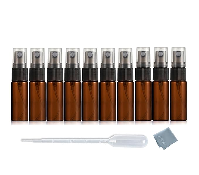 Elfenstall- 10pcs Amber 5ml 1/6oz Atomizer Vial Glass bottle Spray Refillable Perfume Empty Fine Mist Sample Bottle Clean Cloth Free 3ML Pipette for Travel Party