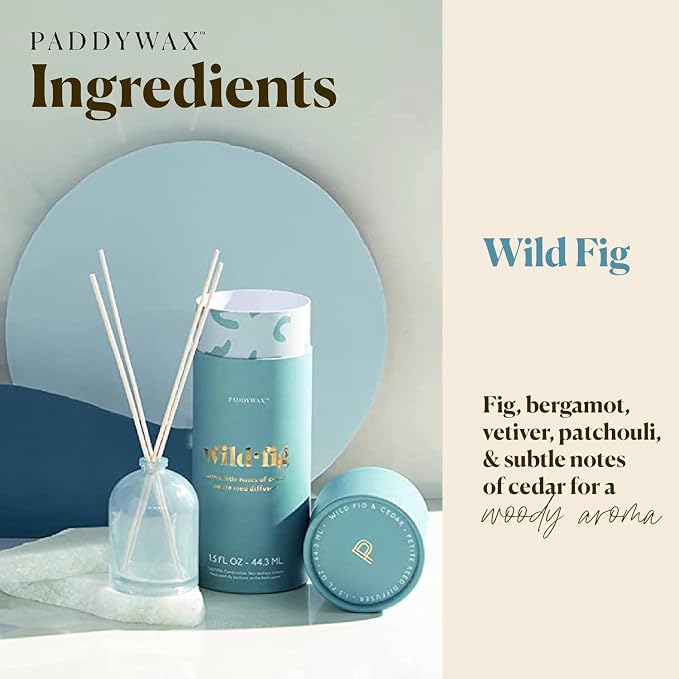 Paddywax Petite Reed Diffuser Set with Wooden Reeds, 720 Hour Long Lasting Home Fragrance Oil Diffuser, Decorative Milky Glass Bottle, Wild Fig Scent, Sky Blue, 1.5 oz