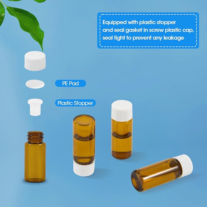 25PCS 4ml Amber Glass Vials with White Screw Caps and Plastic Stoppers, 1 Dram Leak-Proof Small Liquid Sample Bottles for Essential Oils, Perfumes, Reagents