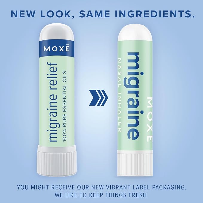 MOXE Migraine Relief Nasal Inhaler, Essential Oils for Headaches & Tension Relief, Portable Aromatherapy, Easy-to-Use, Pure & Undiluted, Peppermint, Spearmint, Eucalyptus, Tea Tree, 1 Pack