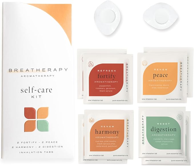 Self-Care Kit - Pure Essential Oil Aromatherapy Inhalation Tabs, 8-Pack (2 Each: Digestion, Peace, Fortify, Harmony)