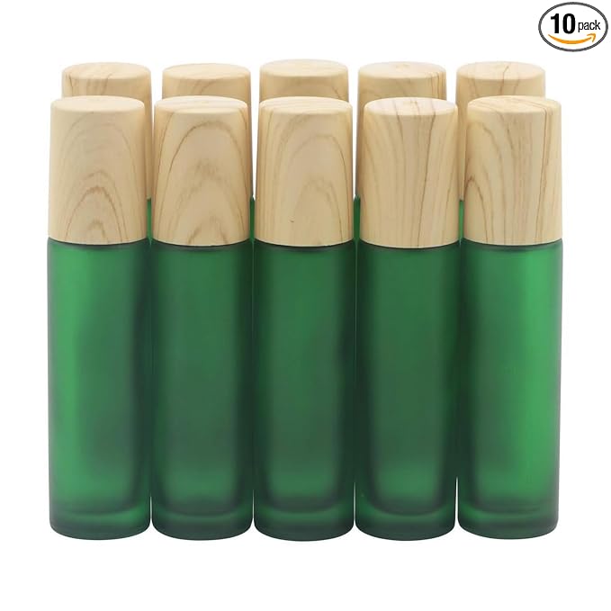 Kesell 10Pcs 10ml Colorful Frosted Glass Roller Bottles with Metal Roller Ball and Wood Grain Plastic Cap for Essential Oil Aromatherapy Perfume Cosmetic