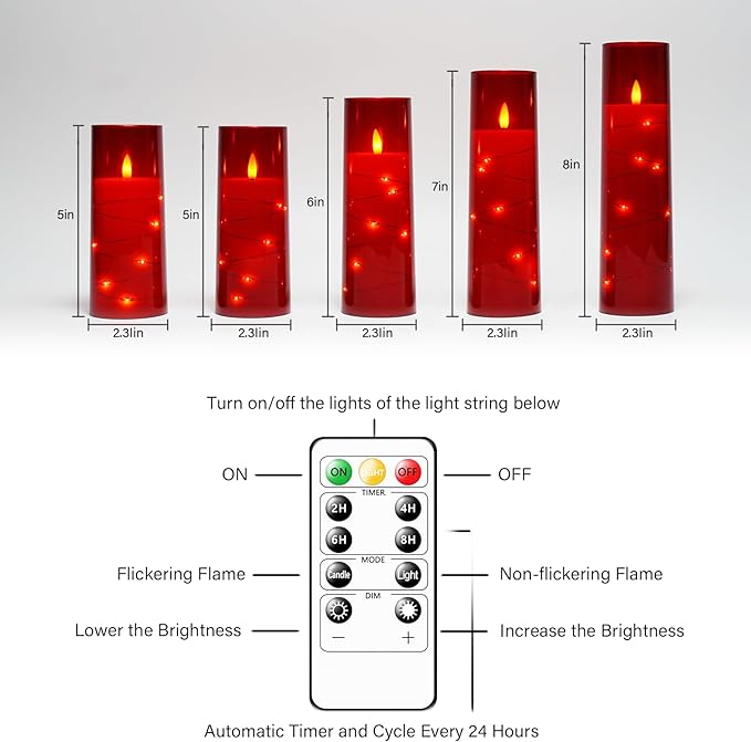 kakoya Flameless LED Candles with Timer 5 Pc Flickering Flameless Candles for Romantic Ambiance and Home Decoration Stable Acrylic Shell,with Embedded Star String，Battery Operated Candles（Red）