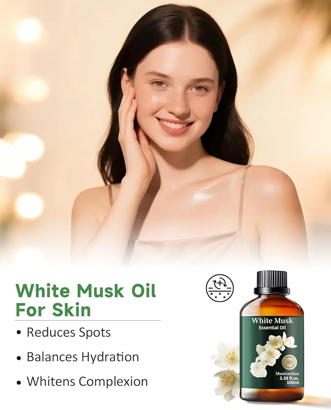 White Musk Essential Oil, Pure White Musk Oil Mumianhua Aromatherapy White Musk Fragrance Oil for Diffuser, Skin & Body Care, Women & Men, Natural Perfume & Candle Making 3.38 Fl Oz
