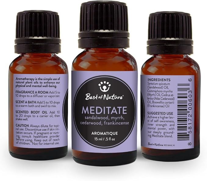 Best of Nature Meditate Essential Oil Blend – Sandalwood, Myrrh, Cedarwood & Frankincense – 100% Pure for Diffuser, Calm & Focus – Grounding Aromatherapy for Daily Rituals