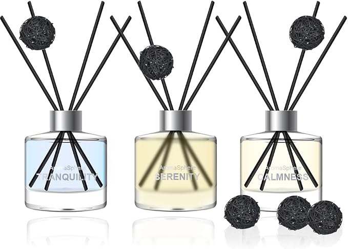 Reed Diffuser Set of 3 | Aromatherapy Fragrance Oil | 12 Sticks and 6 Rattan Balls, 3 x 50ML | Home, Office, Bathroom, Bedroom Essentials (Eucalyptus, Jasmine, Lemongrass, Sky Blue)
