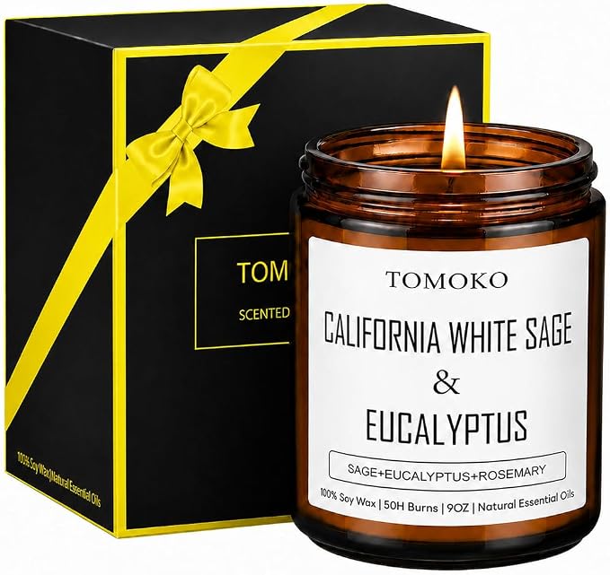 TOMOKO California White Sage & Eucalyptus Scented Candle, 100% Soy Wax, Natural Essential Oils, Amber Jar, 9 oz, 50-Hour Burn