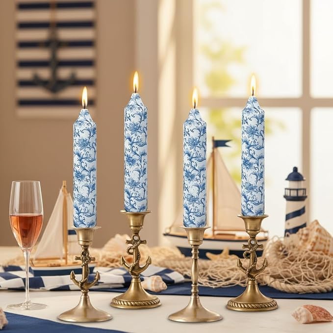 7 Inch Blue and White Taper Candles Short Chunky Candle Sticks Handmade Unscented Smokeless Chinoiserie Floral Thick Candles for Nautical Ceremony Dining Table Everyday Meals Family Dinner Elegance