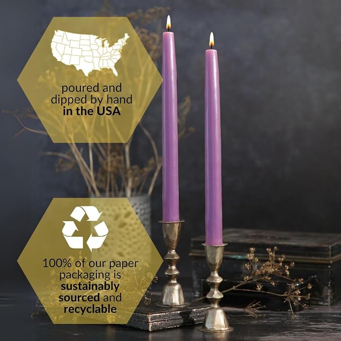 Big Dipper Wax Works Lilac Purple Hand-Dipped Beeswax Taper Candles – 12” x 7/8”, 2-Pack, 100% Pure Beeswax, Long Burning, Clean, Cotton Wick, Handmade in USA, Home Décor & Wedding Candles
