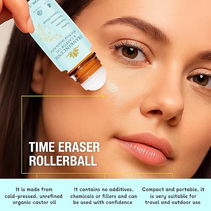 Frankincense and Castor Oil, Organic Castor Oil Rose Quartz Roller Ball, 100% Pure, Organic, Cold-Pressed, Firms Skin, Reduces Fine Lines, Suitable for Face, Neck, Abdomen(50ML/1.7OZ)