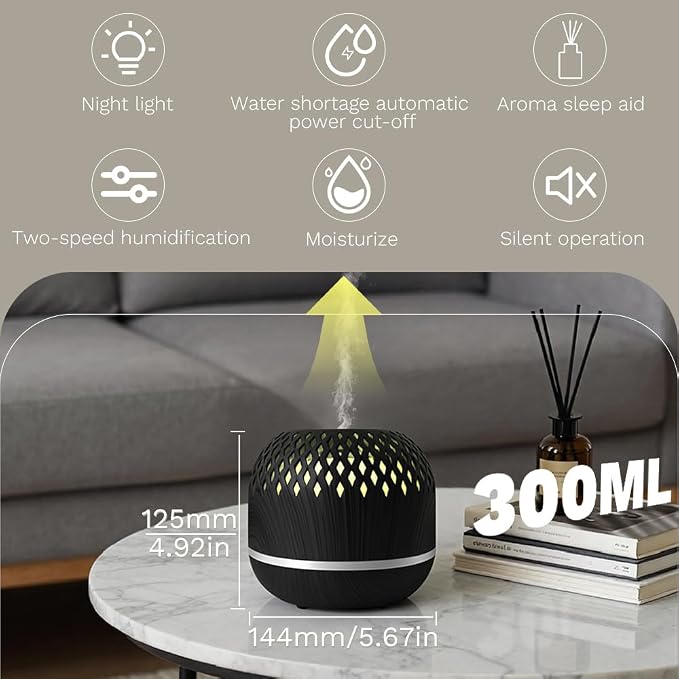 Essential Oil Diffuser 300ml for Home Bedroom, Aromatherapy Oil Diffuser with 3H 6H Timer, 7 Color Light, USB Type-C, Hollow Design, Auto Shut-Off(Dark Woodgrain, Openwork)