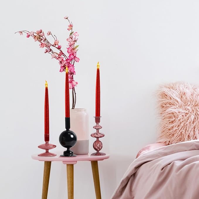 FURORA LIGHTING Red Glitter LED Taper Candles, 2-Pack, 6/18 Timer, Batteries Included