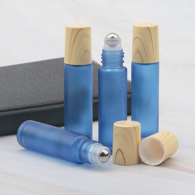 Kesell 10Pcs 10ml Glass Roll On Bottles Portable Essential Oil Roller Bottle with Plastic Lid Refillable Small Perfume Vials with Stainless Steel Roller Ball Refillable Travel Size Bottles for DIY